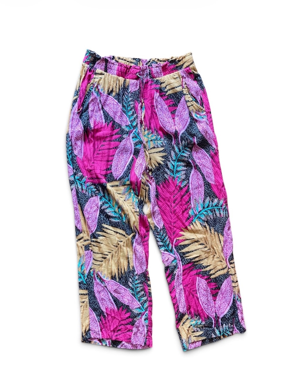 Jane and Delancey Tropical Leaf Wide-Leg Capris - Pink & Purple